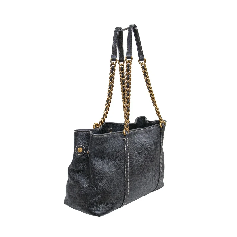 Dolce & Gabbana Black Pebbled Leather Chain Shoulder Tote Bag DG Leopard
